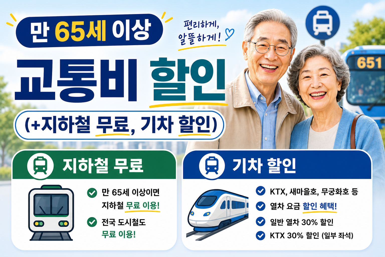 만 65세 이상 교통비 할인 (+지하철 무료, 기차 할인)